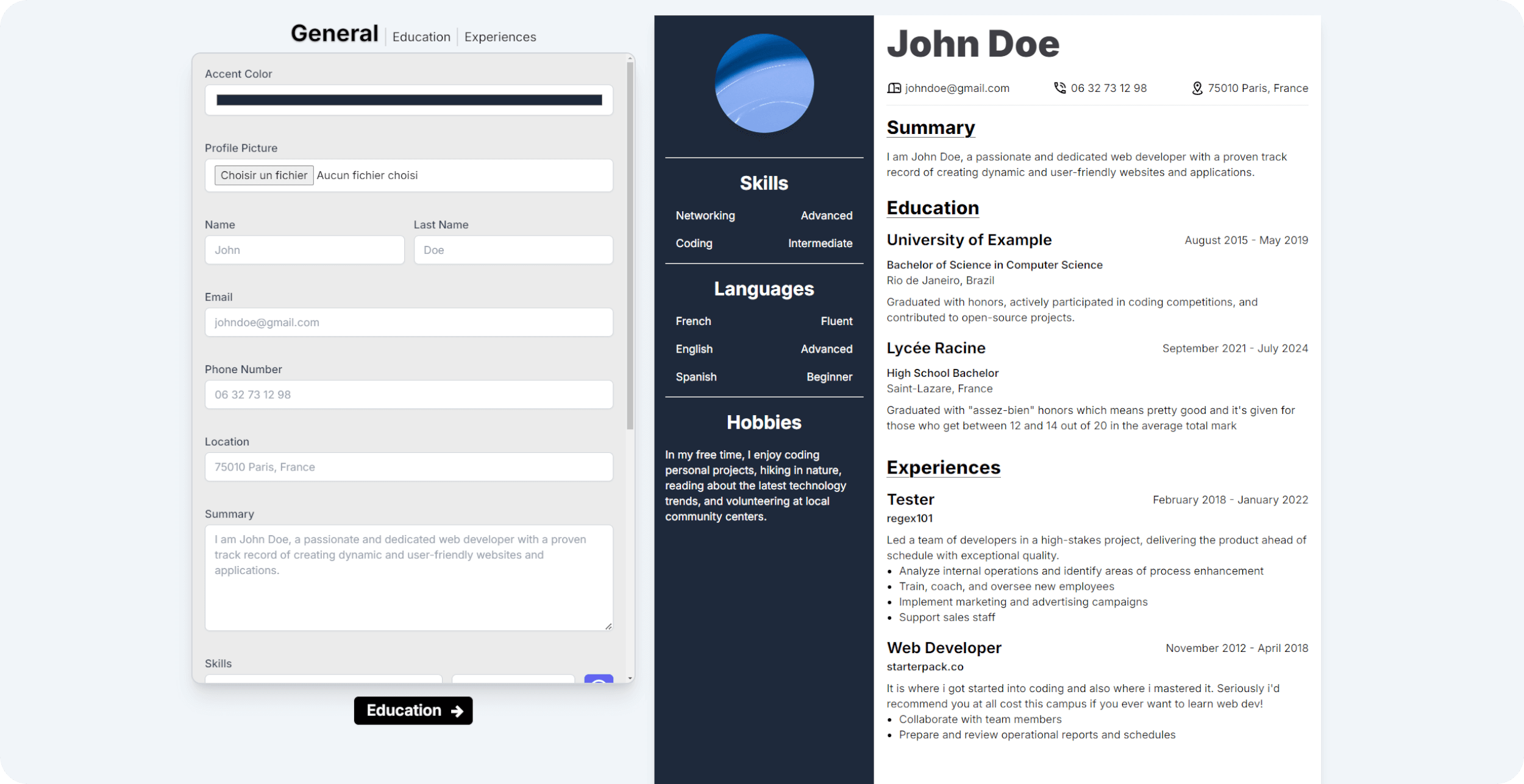 Screenshot of the cv application project.